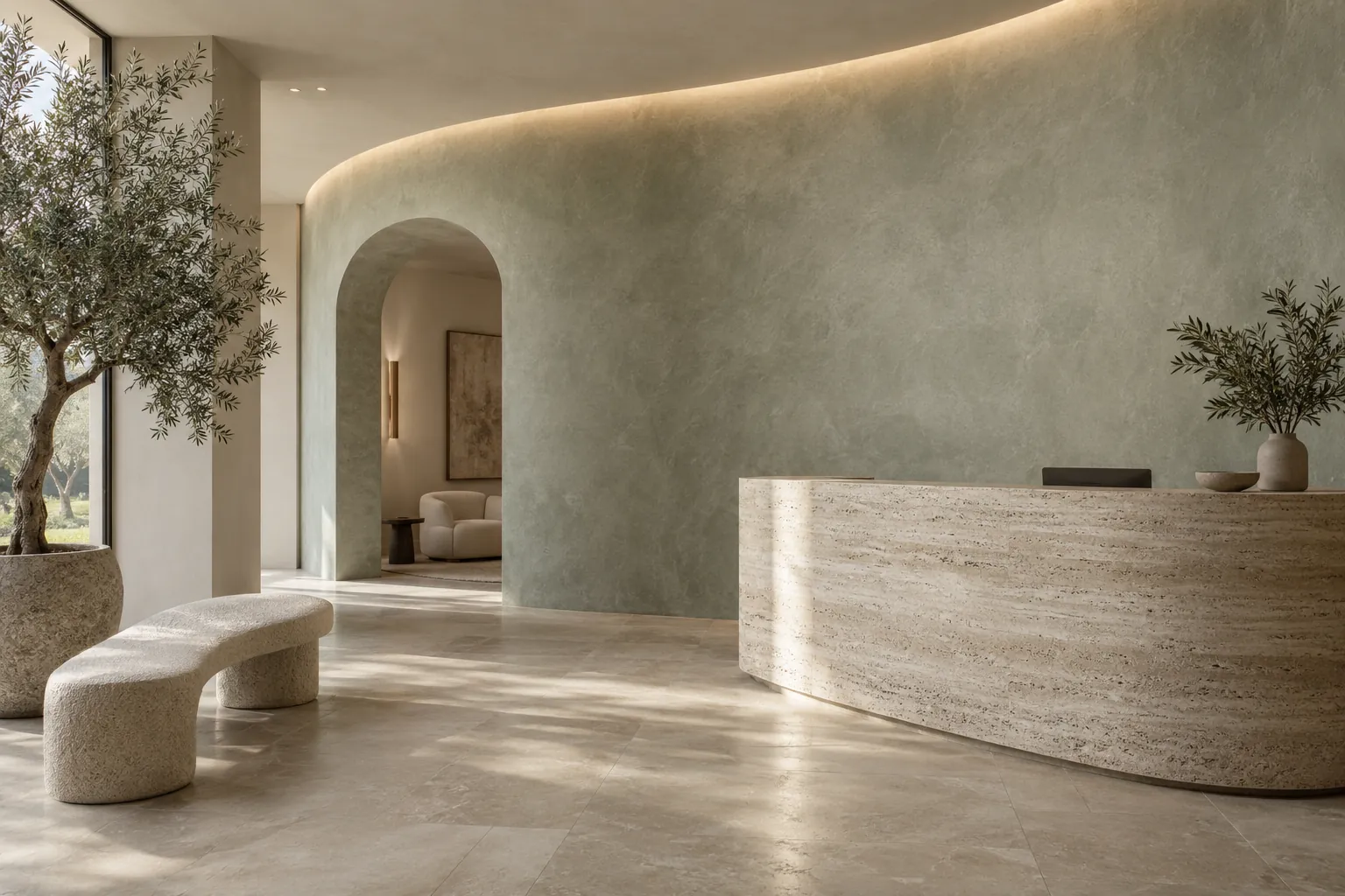 Curved lobby feature wall in soft gray-green limewash behind a stone reception desk