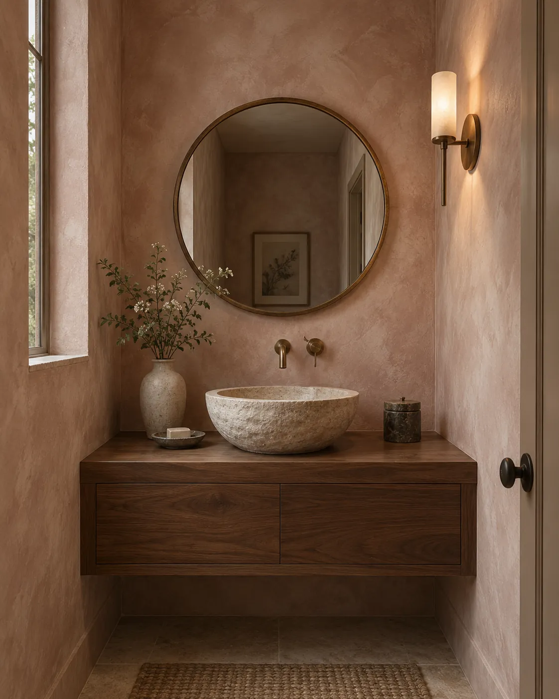 Powder room with clay-pink limewash walls and a stone basin