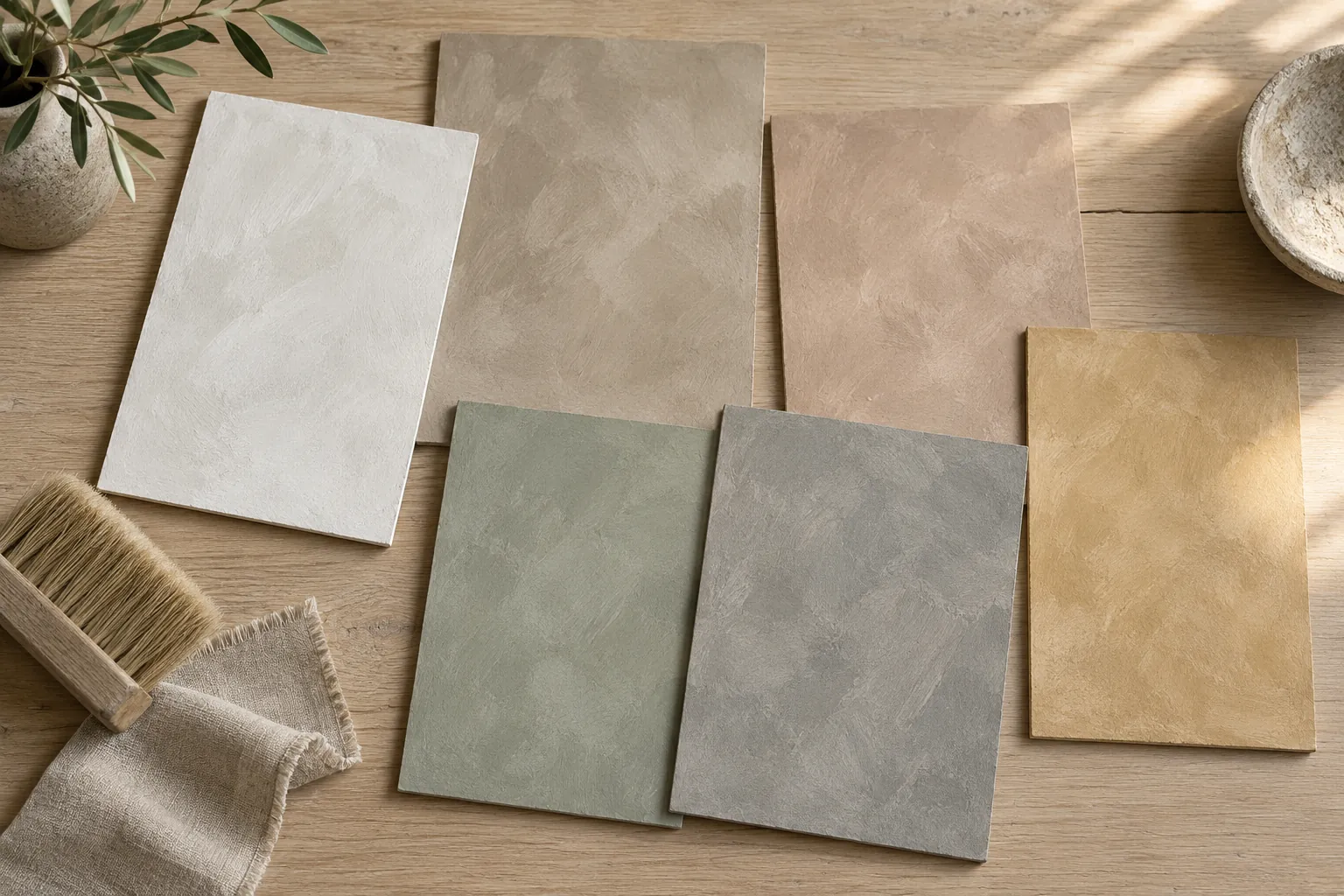 Hand-brushed limewash sample boards in chalk, greige, clay, sage, stone and ochre